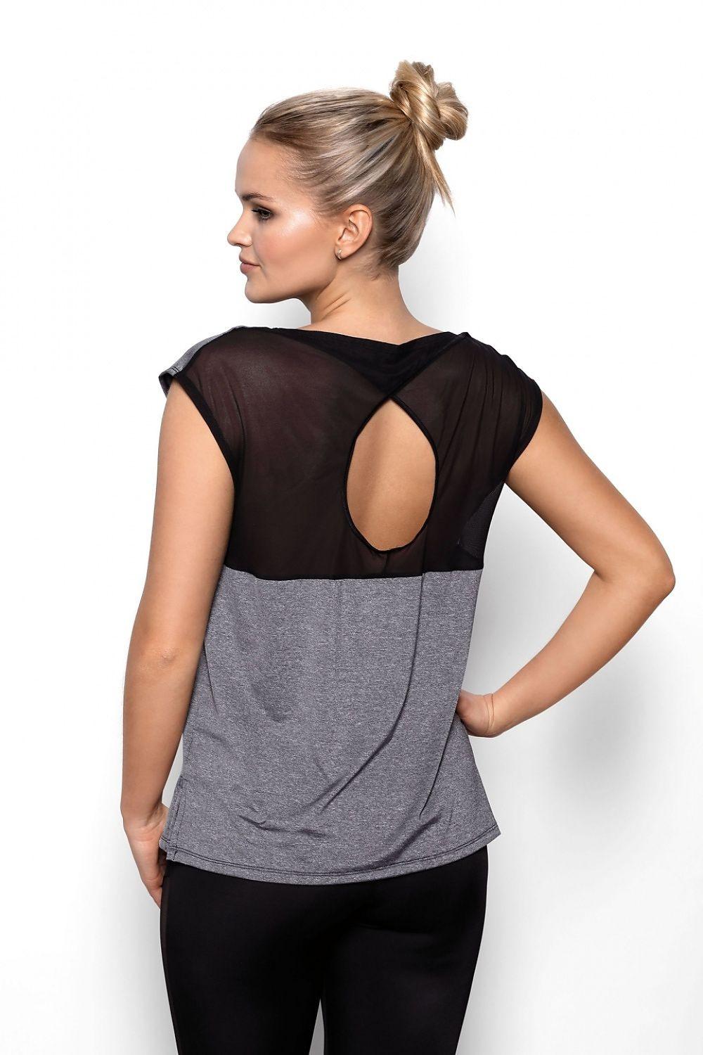 Grey blouse with black sheer back panel and keyhole cutout