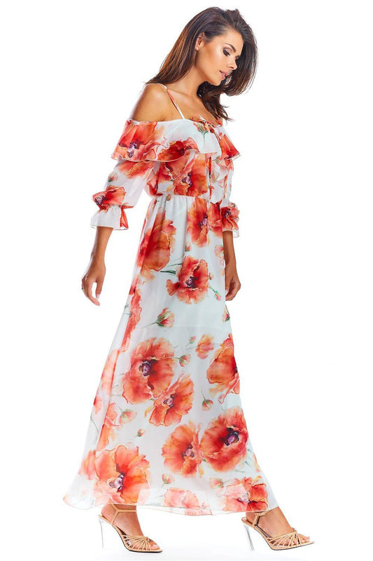 Awama daydress white with orange floral, off-shoulder flounce sleeves, maxi hem