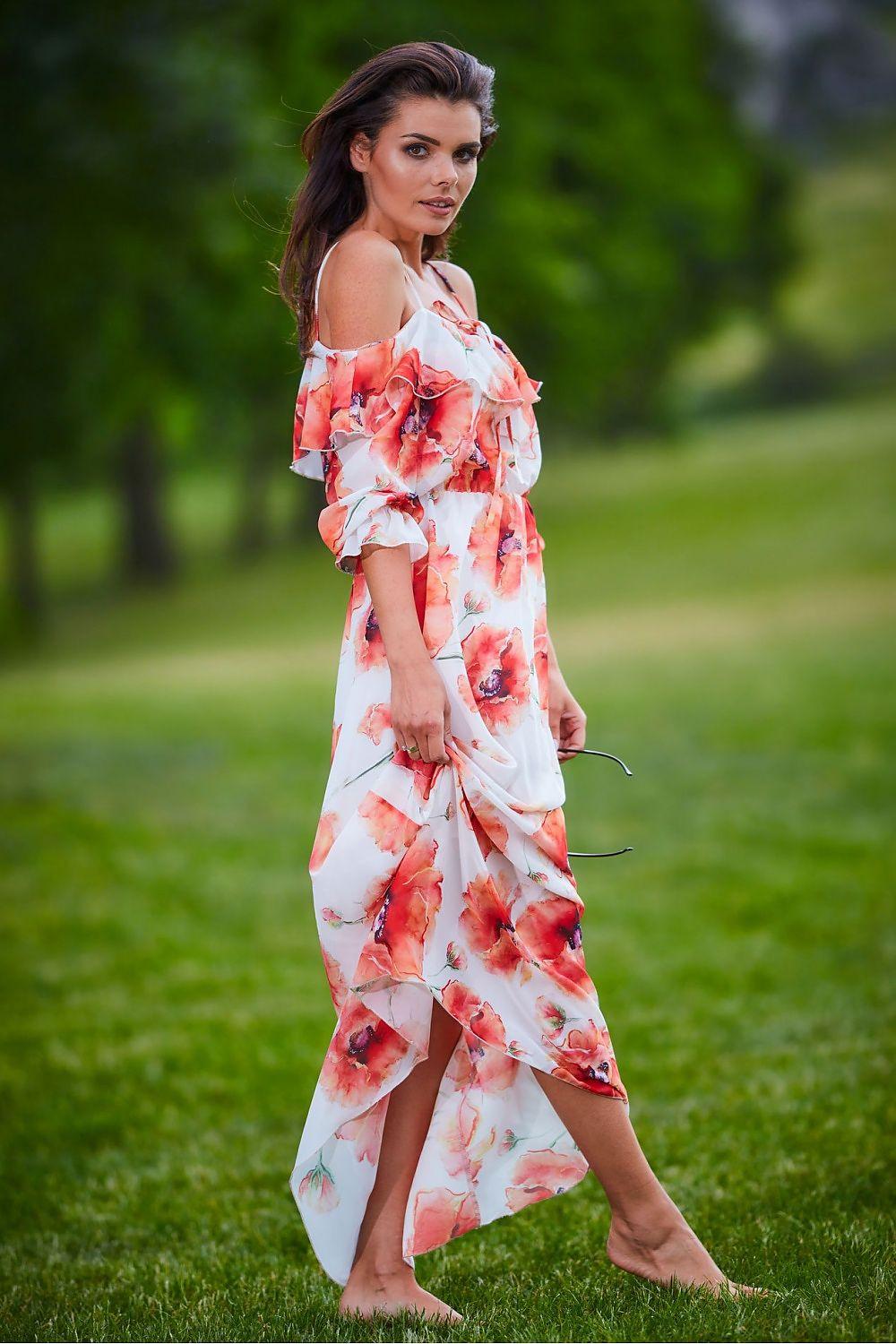 Awama daydress white with orange floral, off-shoulder ruffle, high slit hem