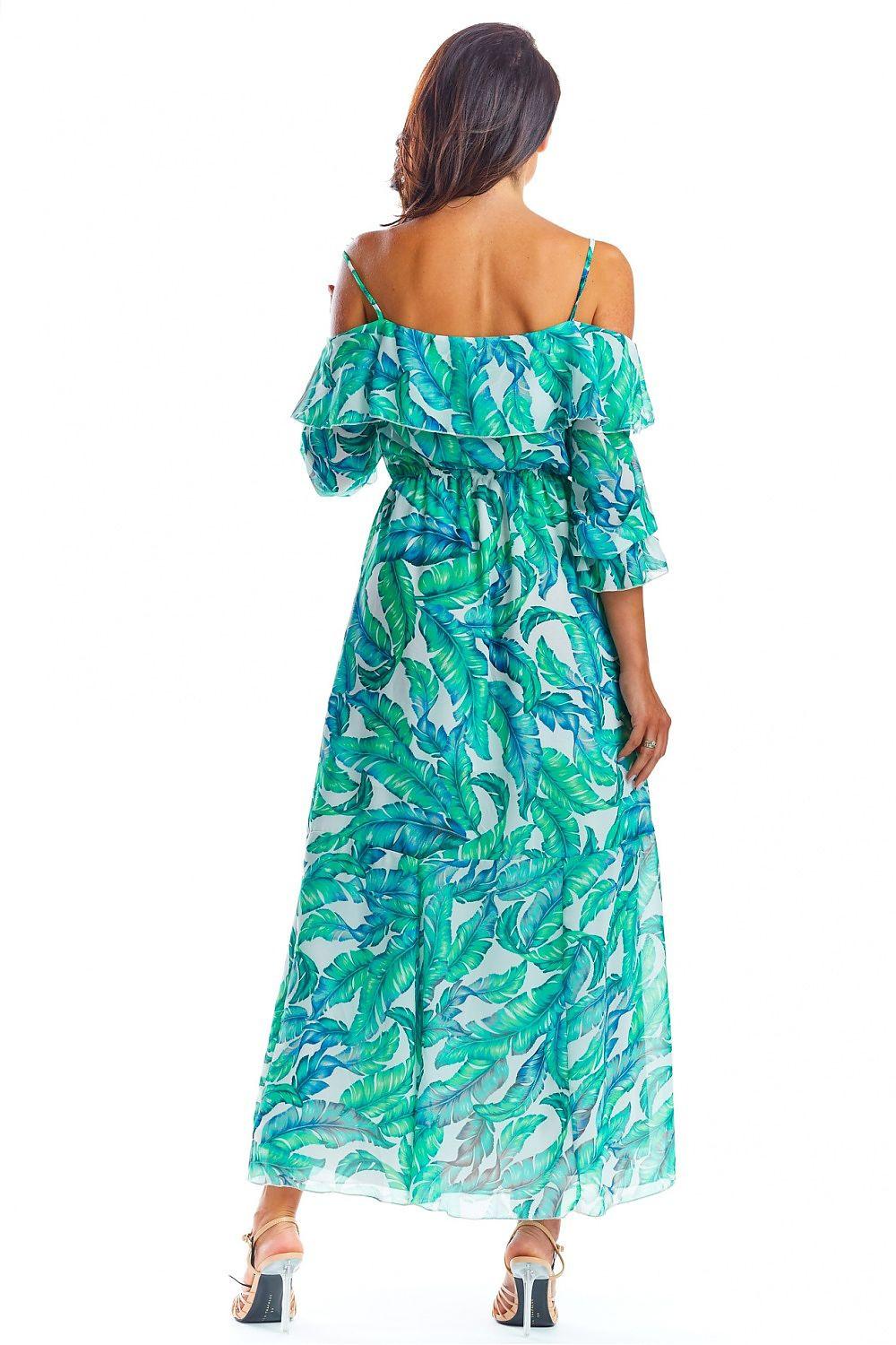 Back view of green leaf-print off-shoulder daydress with ruffled sleeves
