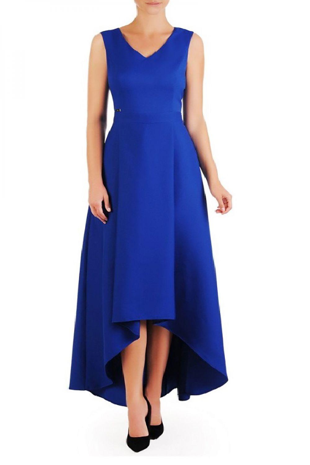 Blue sleeveless cocktail dress with V-neck and high-low asymmetric hem