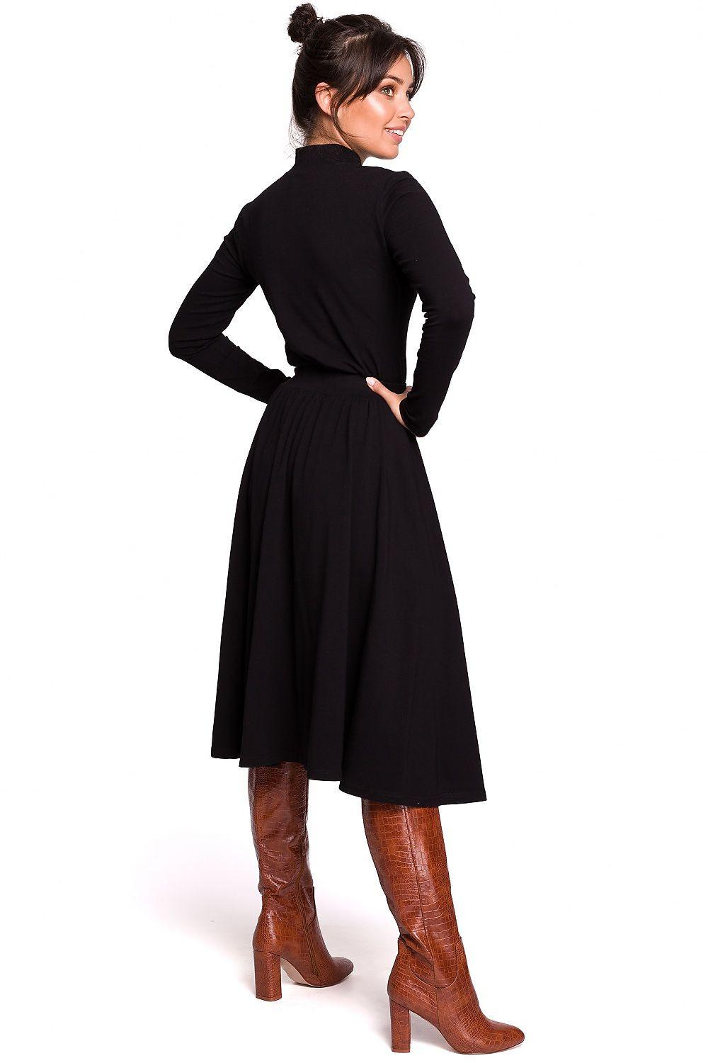 Black midi A-line skirt with gathered waist, full skirt shape