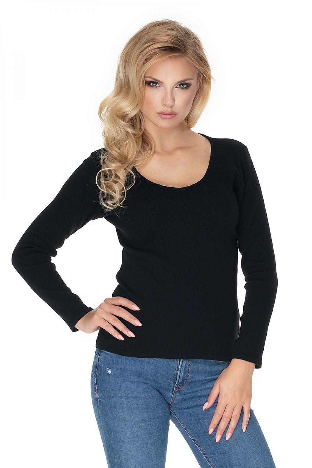 Fitted black cotton blouse with long sleeves and heart neckline