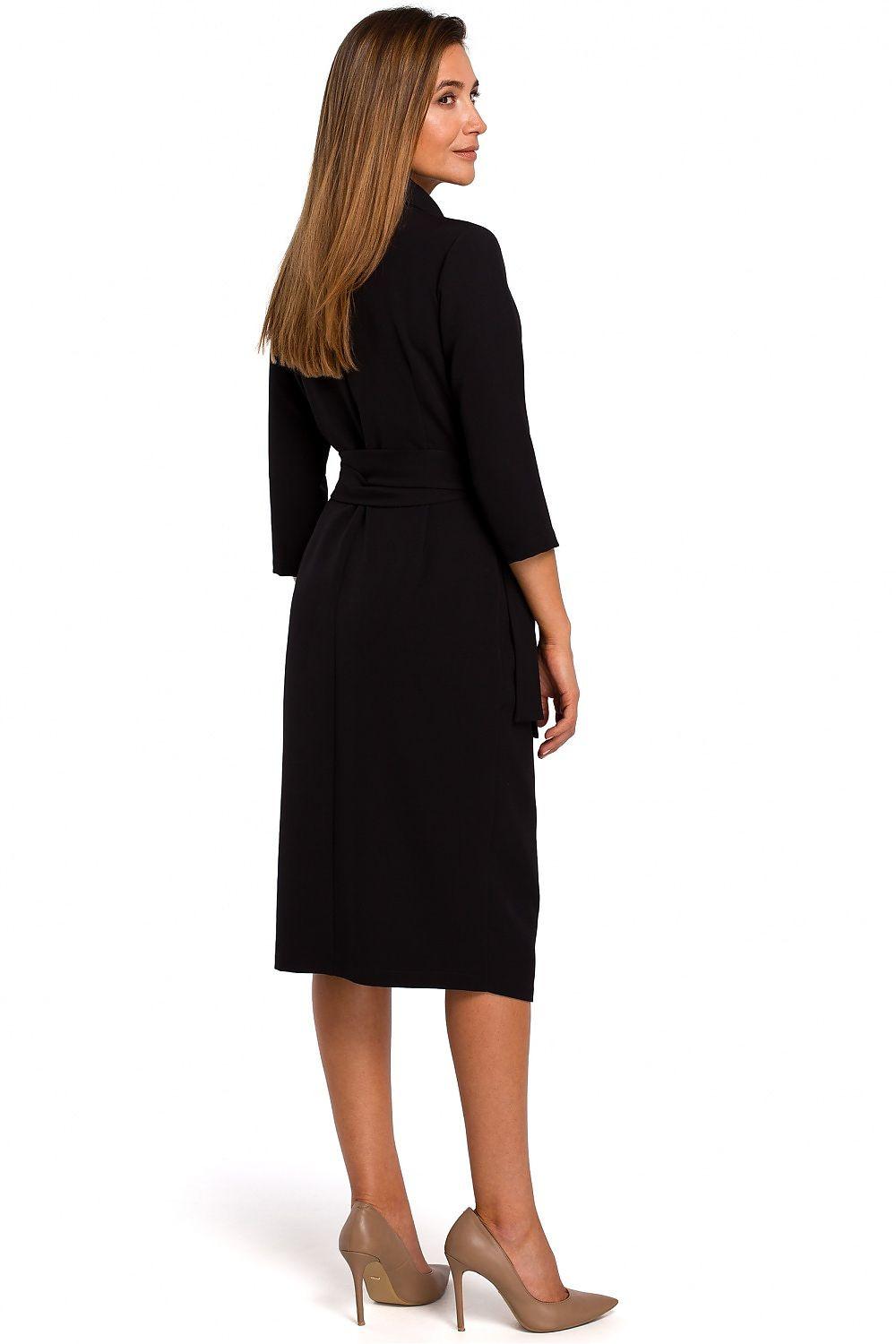 Wrap day dress, black V-neck with tied waist and 3/4 sleeves