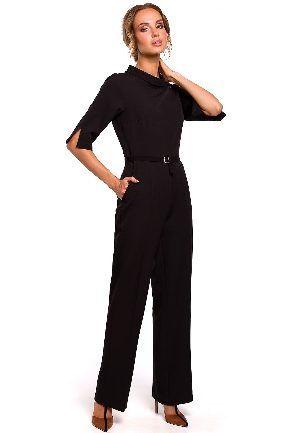 Black minimalist straight-leg jumpsuit with waist tie and high neckline