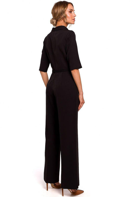 Moe black jumpsuit back view with short sleeves and wide-leg pants