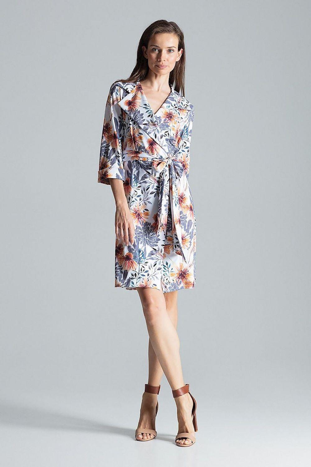 Figl daydress floral V-neck, tied waist, 3/4 sleeves, knee length, multicolor