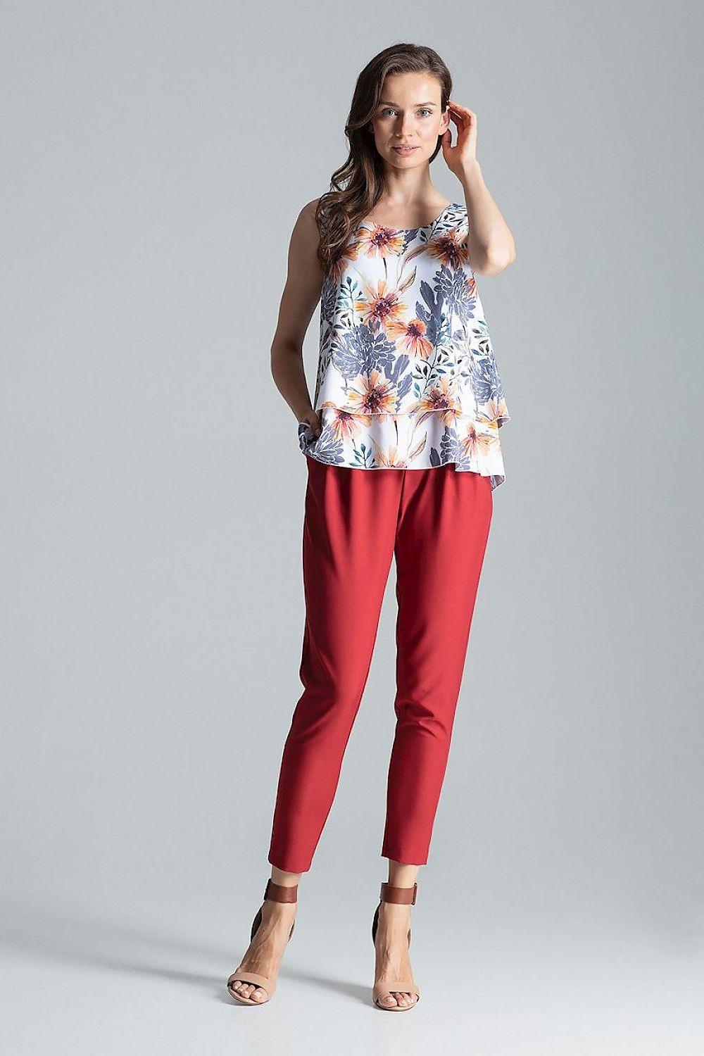 Figl sleeveless floral blouse with round neckline, white-and-blue floral print