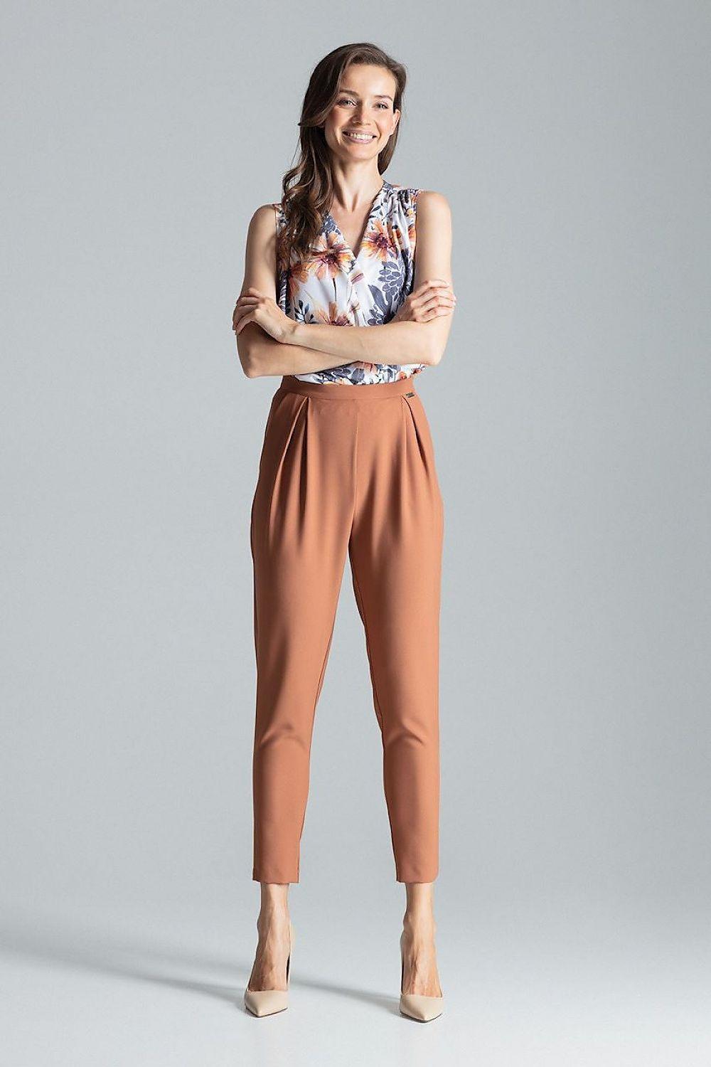 Women’s tapered trousers, brown, ankle length, full front view