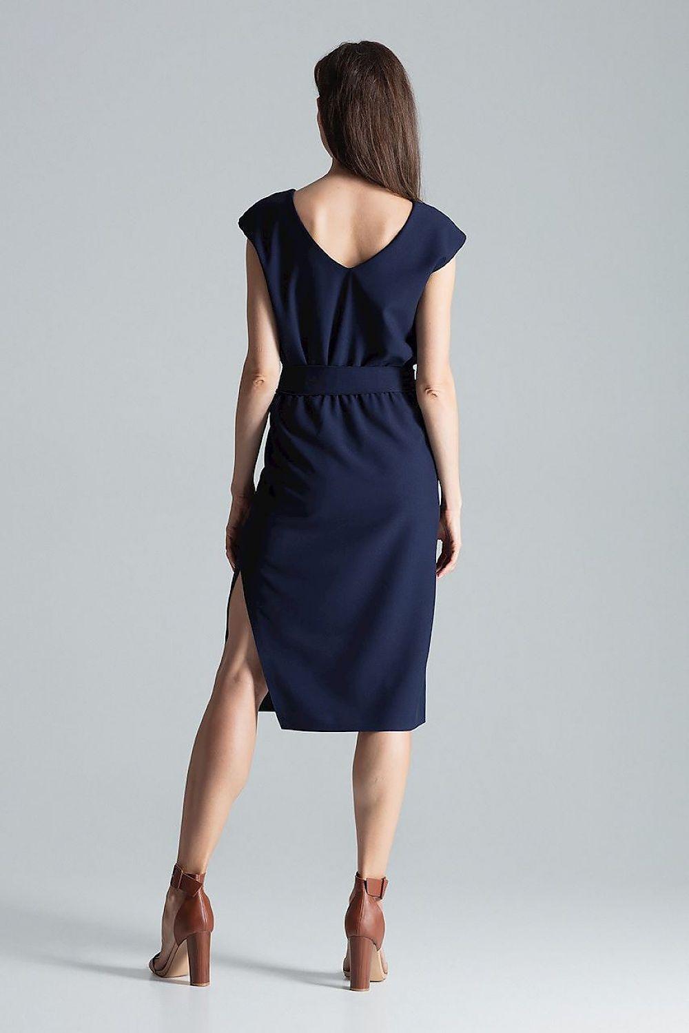 Navy cap-sleeve daydress with V-back and tied waist, back view