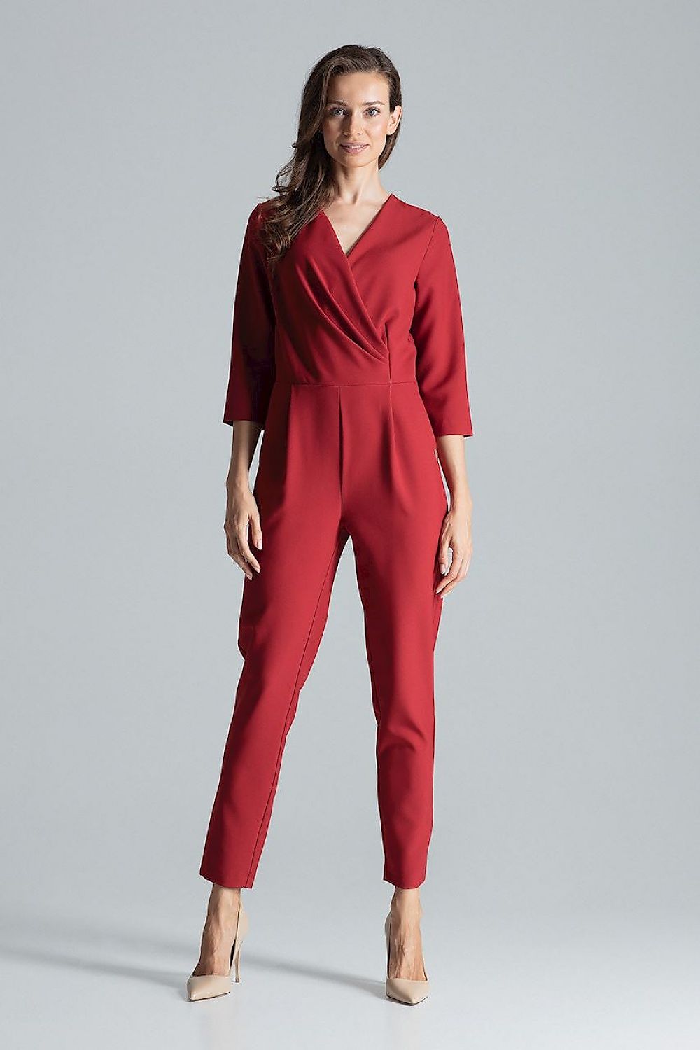 Maroon envelope-neck jumpsuit with 3/4 sleeves and wrap front