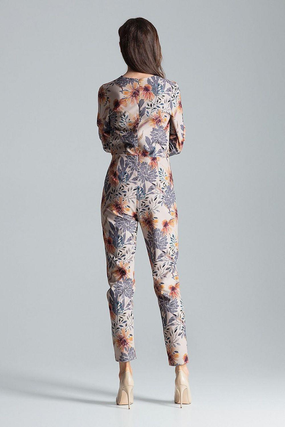 Women's tailored jumpsuit, floral print, back view, 3/4 sleeves and slim ankle pants
