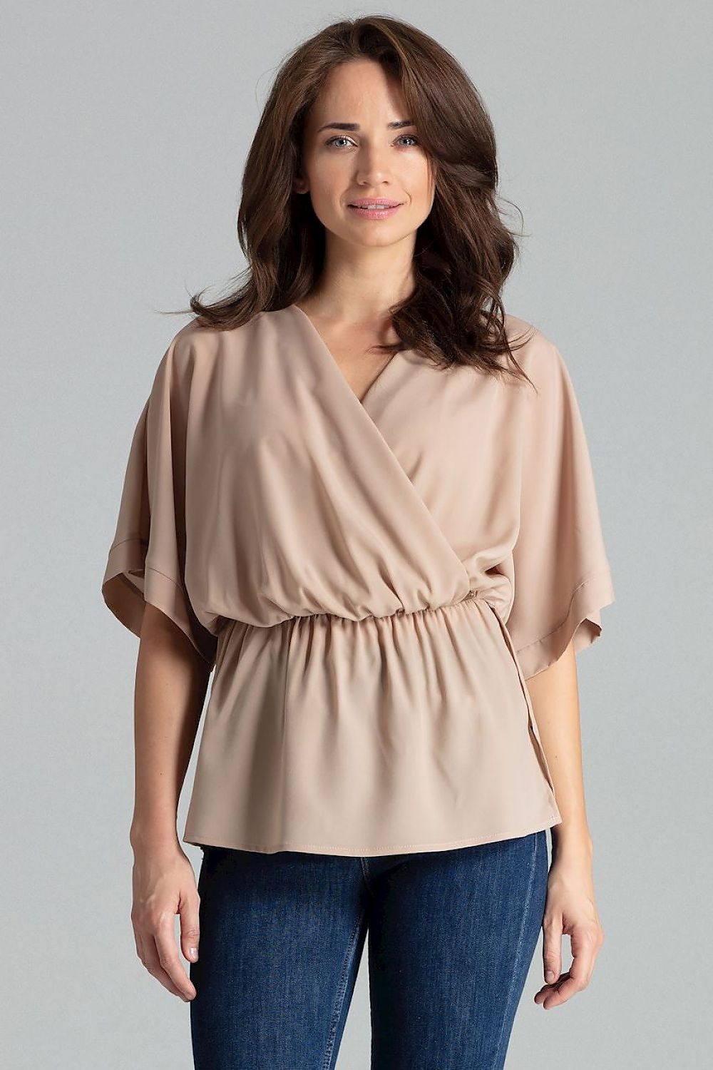Beige kimono-sleeve blouse with V-neck wrap and gathered waist, short batwing sleeves