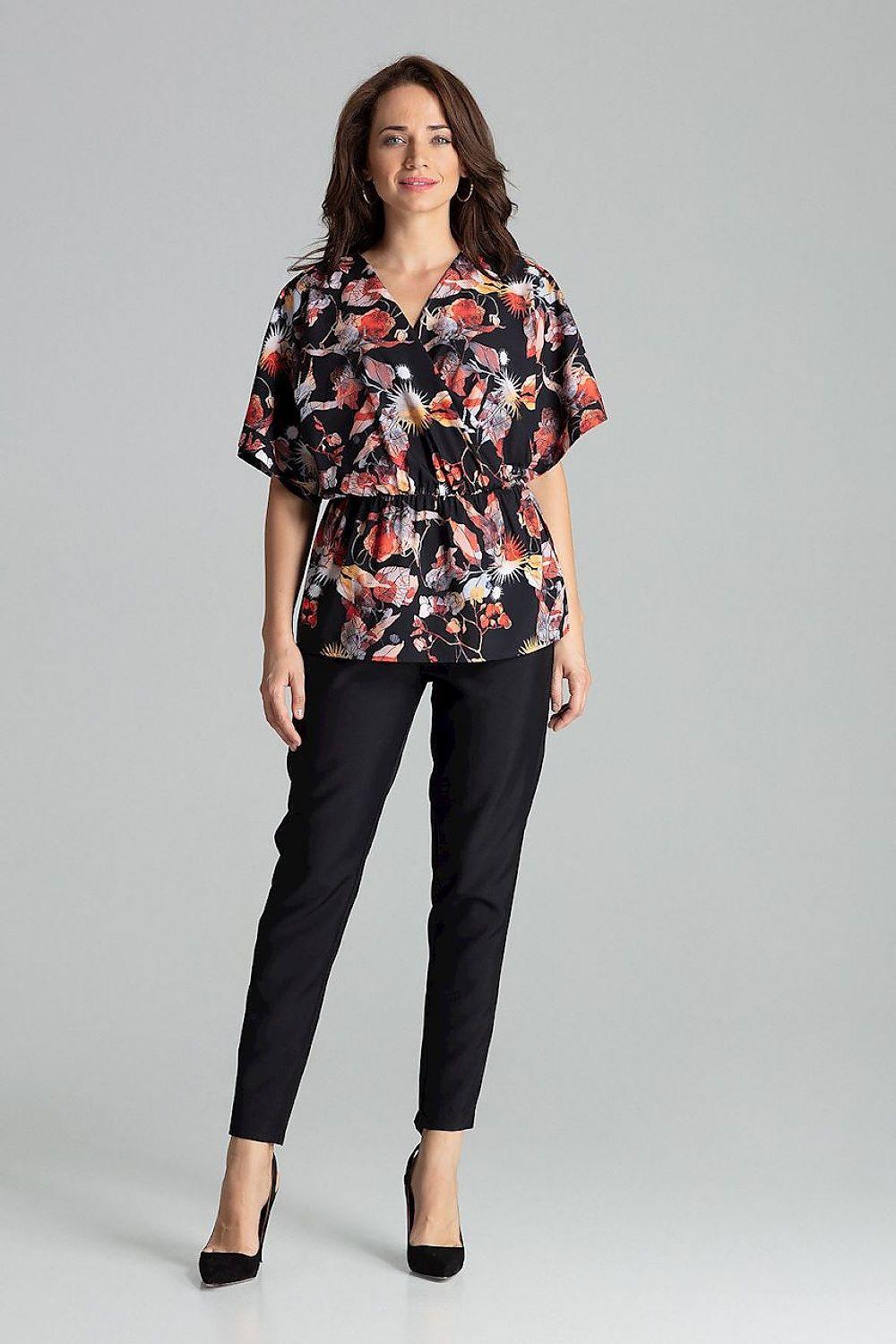 Floral blouse with V-neck and short sleeves, black with red orange floral pattern