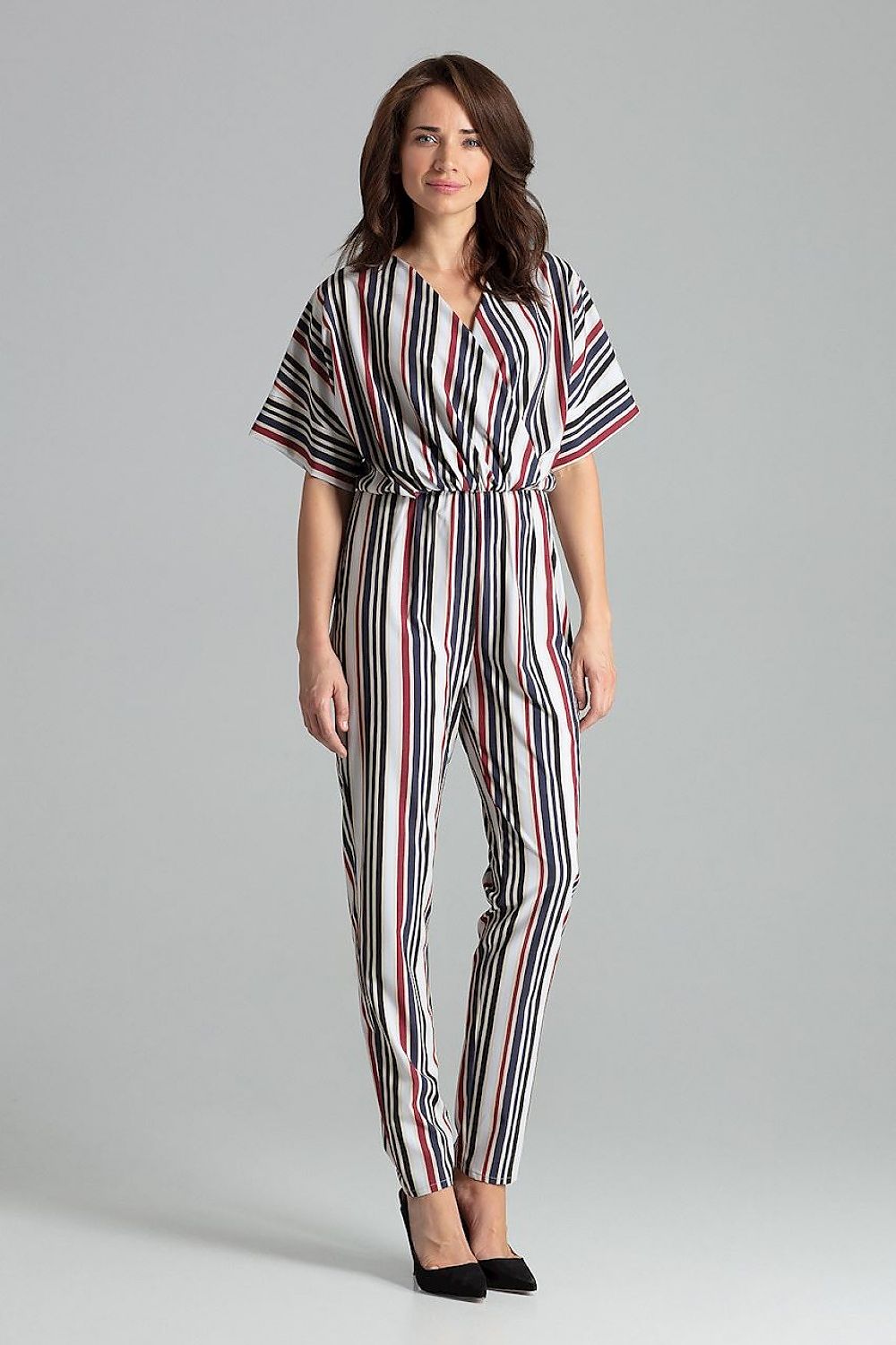 Striped jumpsuit with kimono sleeves, belted waist and V-neck, multicolor vertical stripes