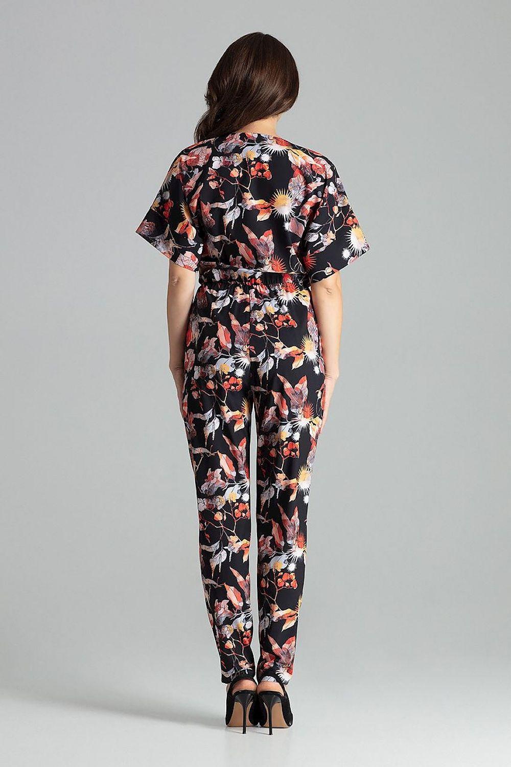 Floral short-sleeve jumpsuit with V-neck, back view, slim ankle-length legs
