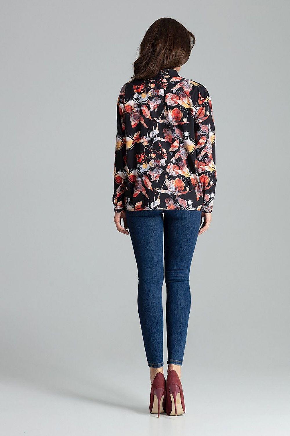 Back view of floral print long sleeve button-up shirt with pointed collar.