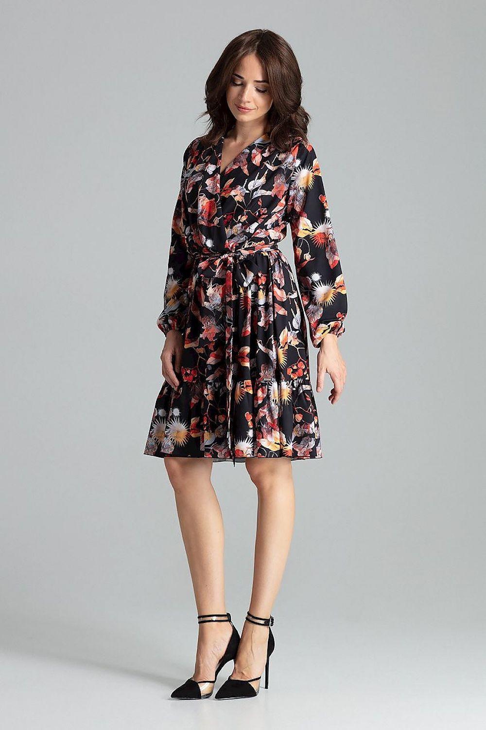Floral cocktail dress with long sleeves, tie belt, flared knee-length skirt