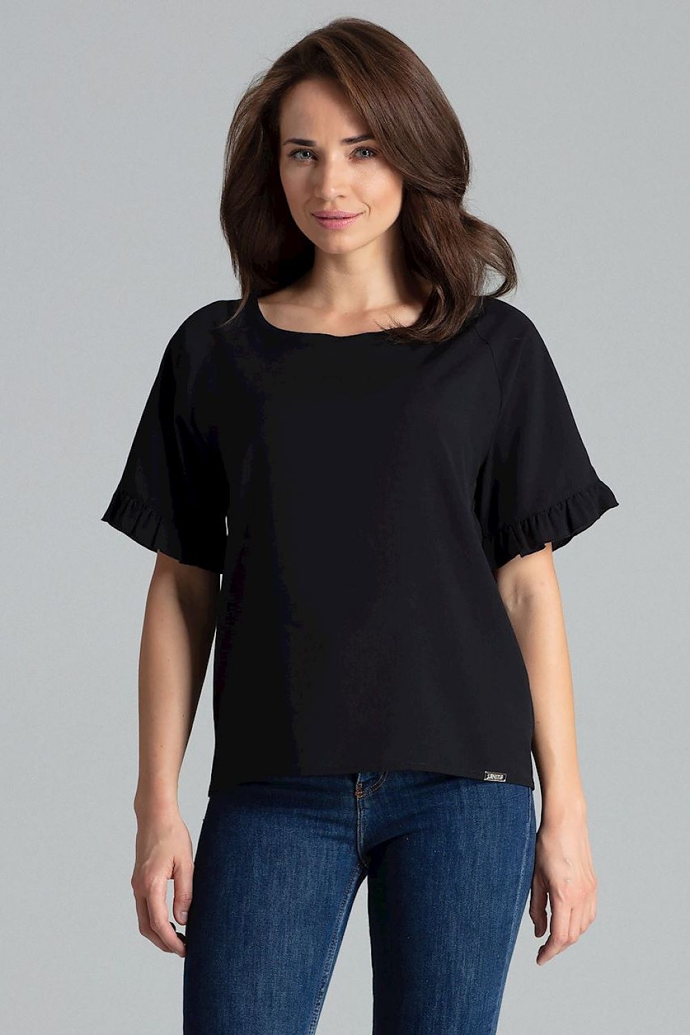 Black blouse with frill short sleeves, relaxed fit