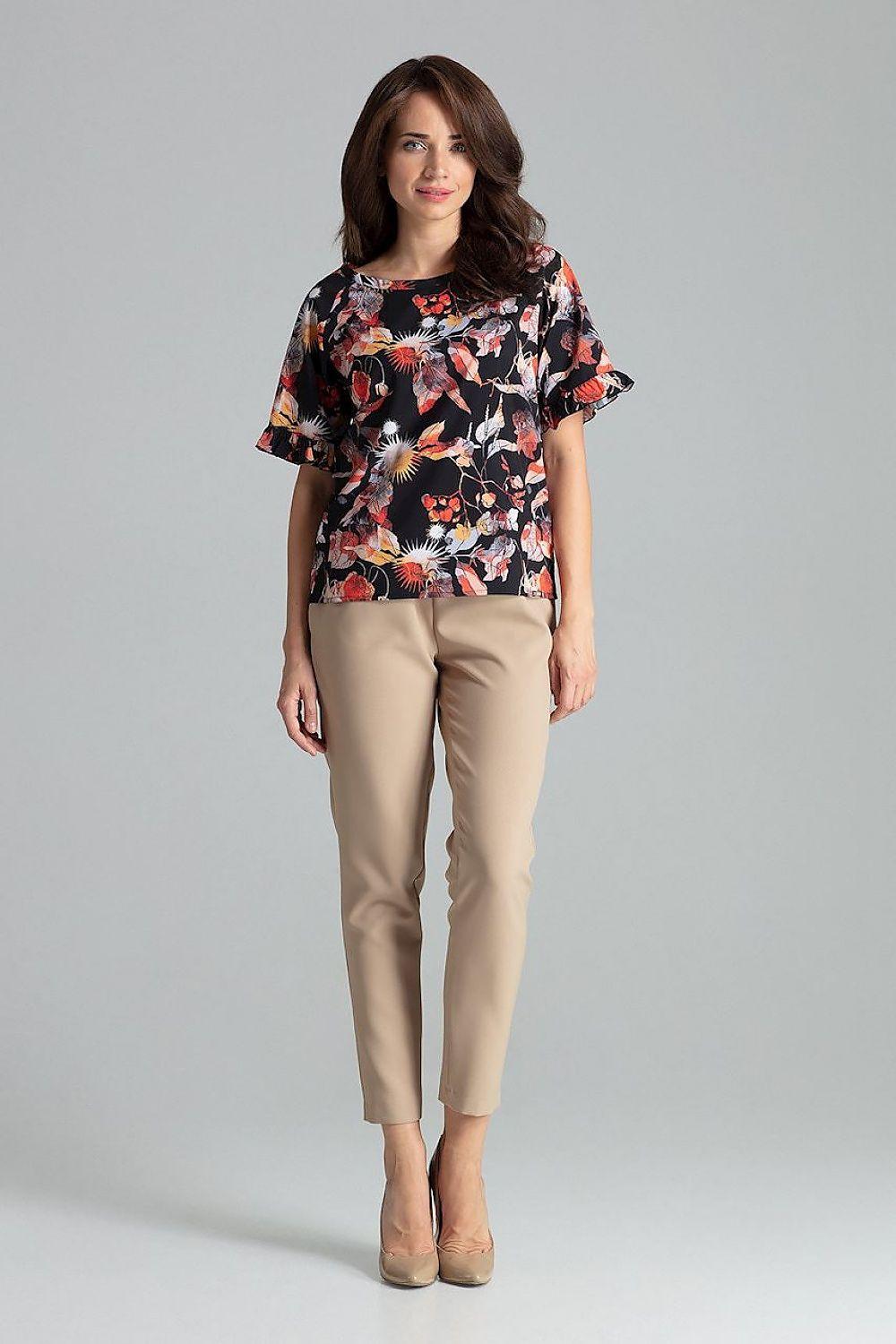Multicolor floral blouse with short sleeves and crew neck, front view