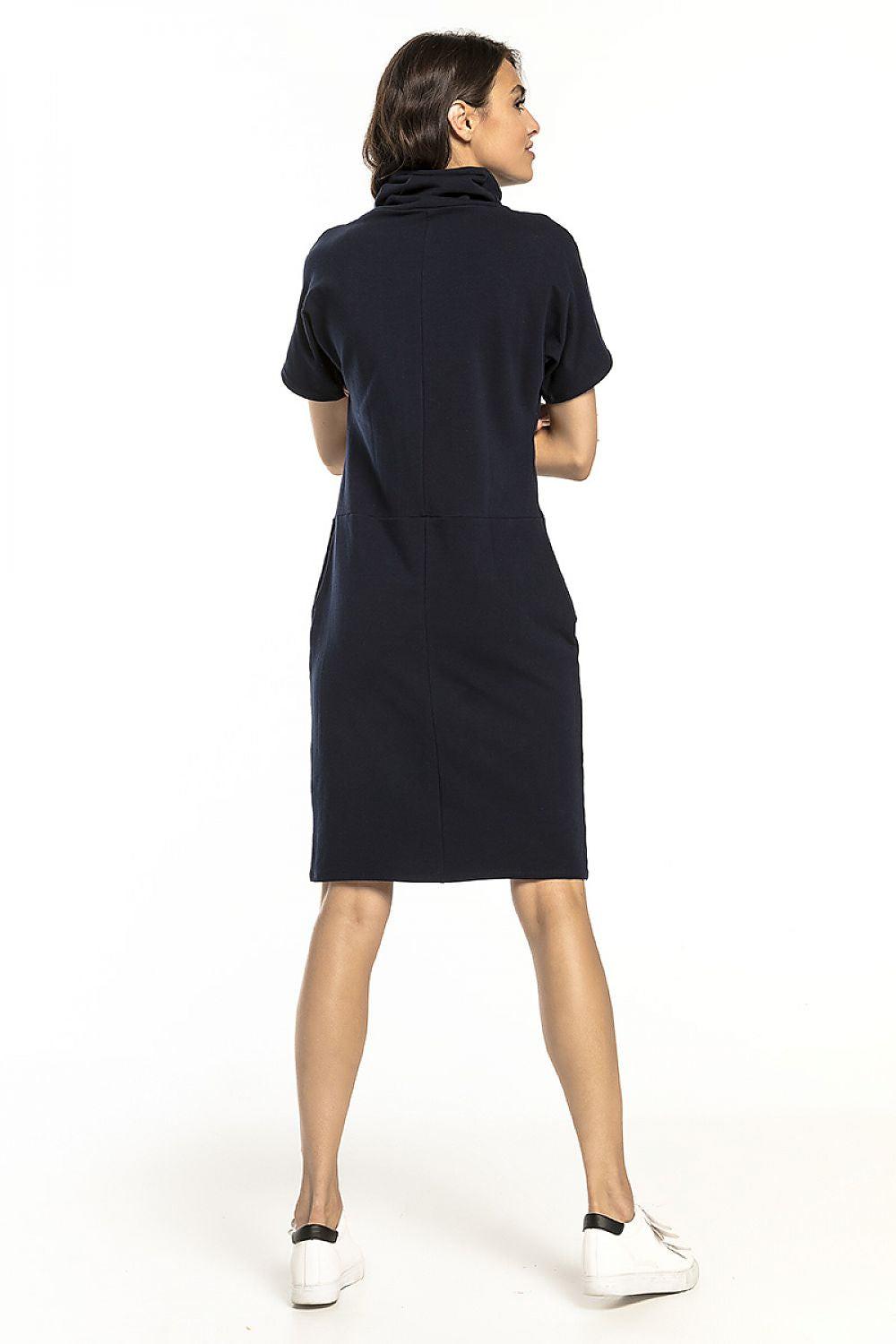 Black daydress back view with short sleeves and high neckline, knee-length