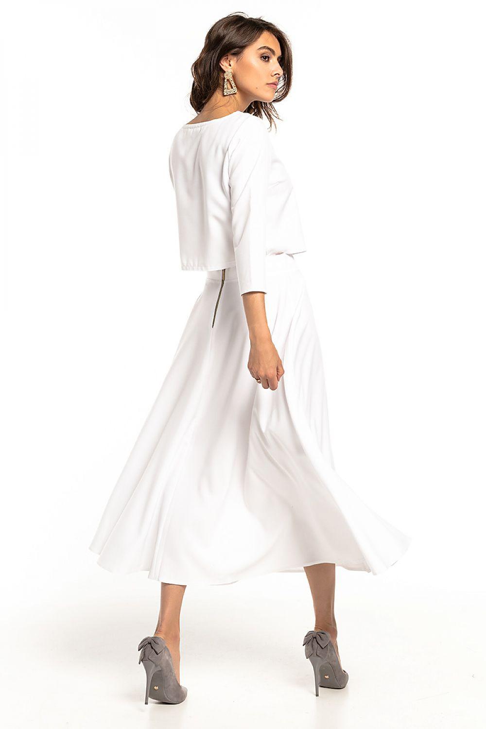 White cropped blouse and midi skirt two-piece set, back view, 3/4 sleeves