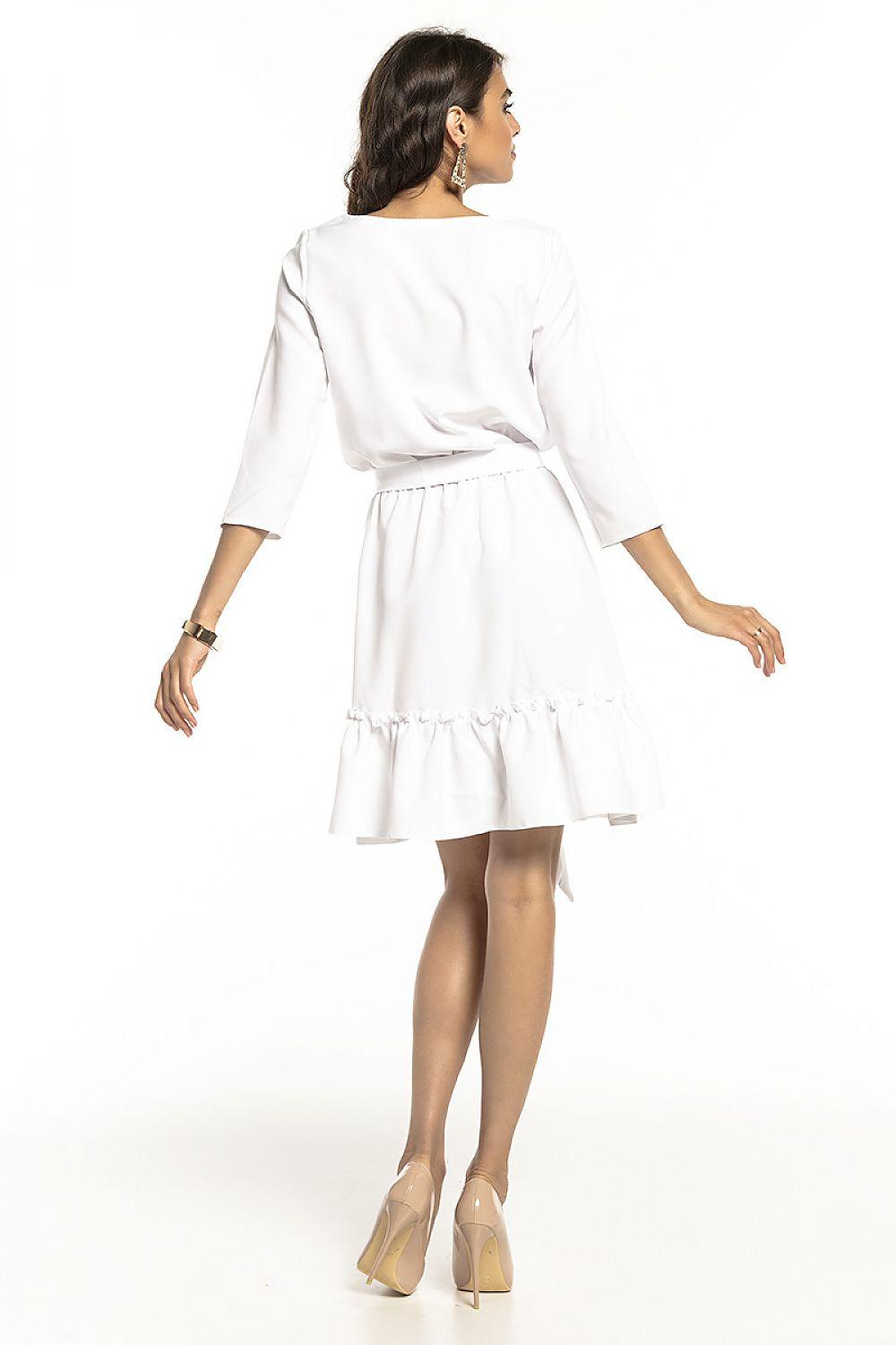 Tessita daydress in white with gathered waist and tiered ruffle hem, back view