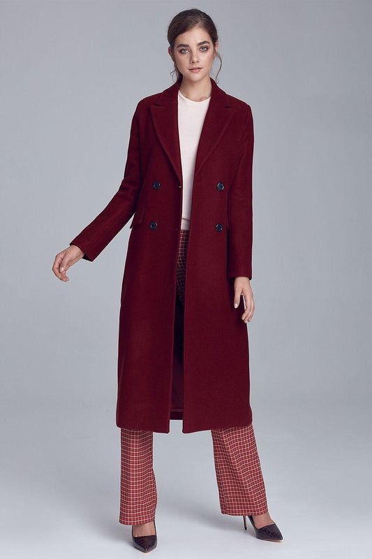 Long double-breasted coat, maroon, button front and welt pockets, long sleeves