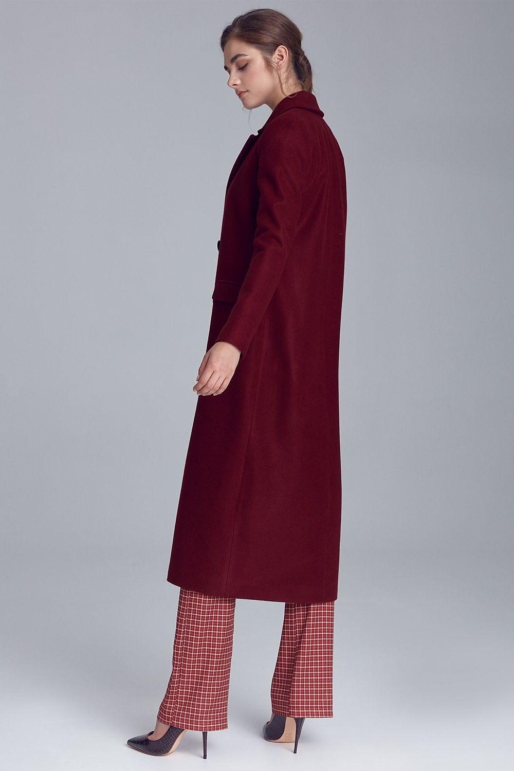 Women’s wool-blend long coat in burgundy, side view with structured shoulders