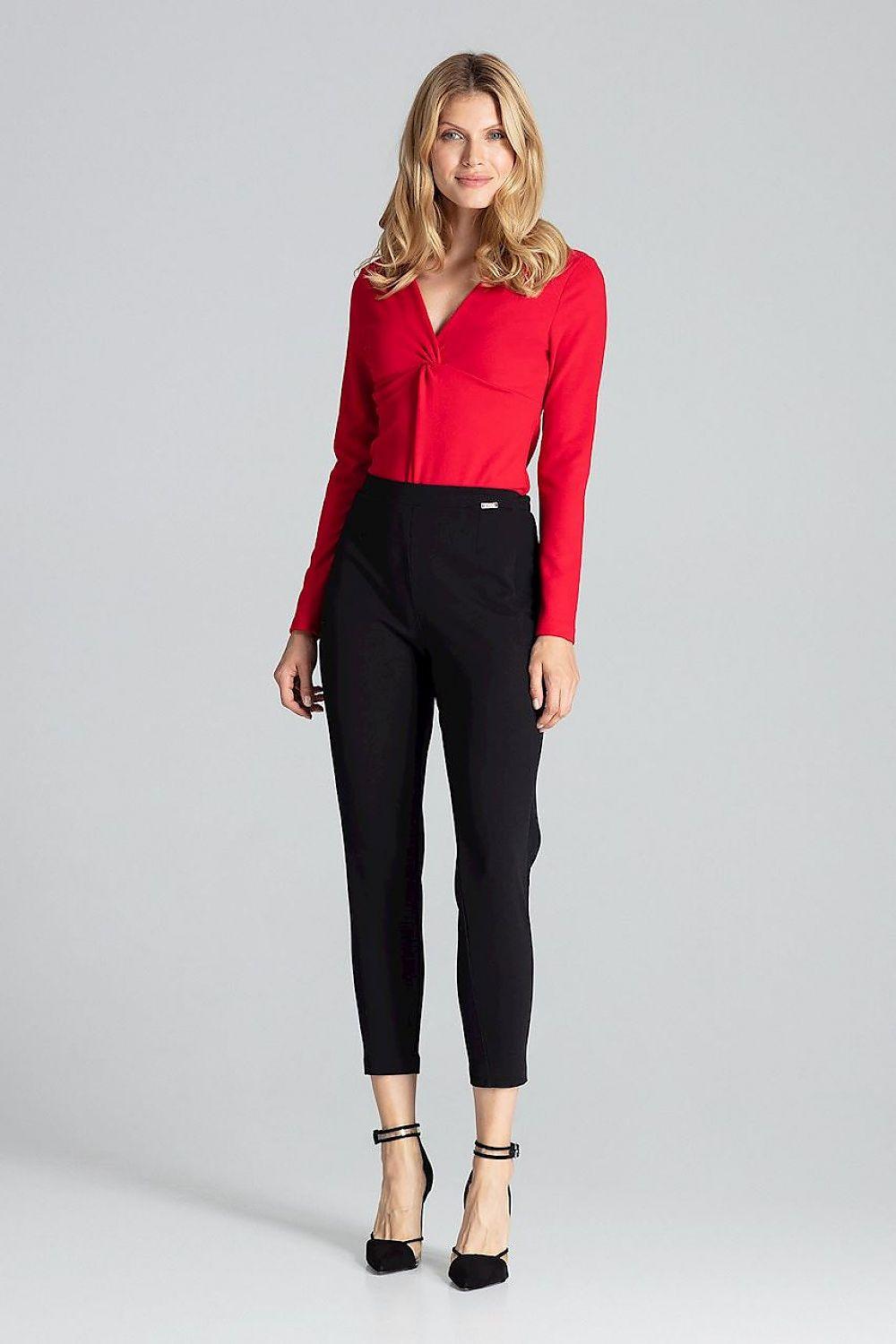 Red long-sleeve V-neck shapewear body, front view