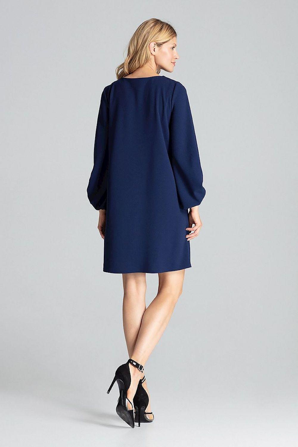 Navy daydress, back view: wide elbow-length sleeves and straight above-knee silhouette.