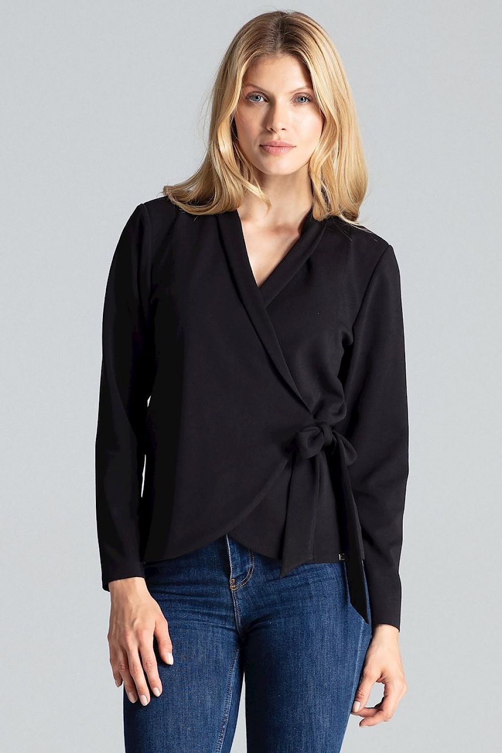Black wrap blouse with waist tie and long sleeves
