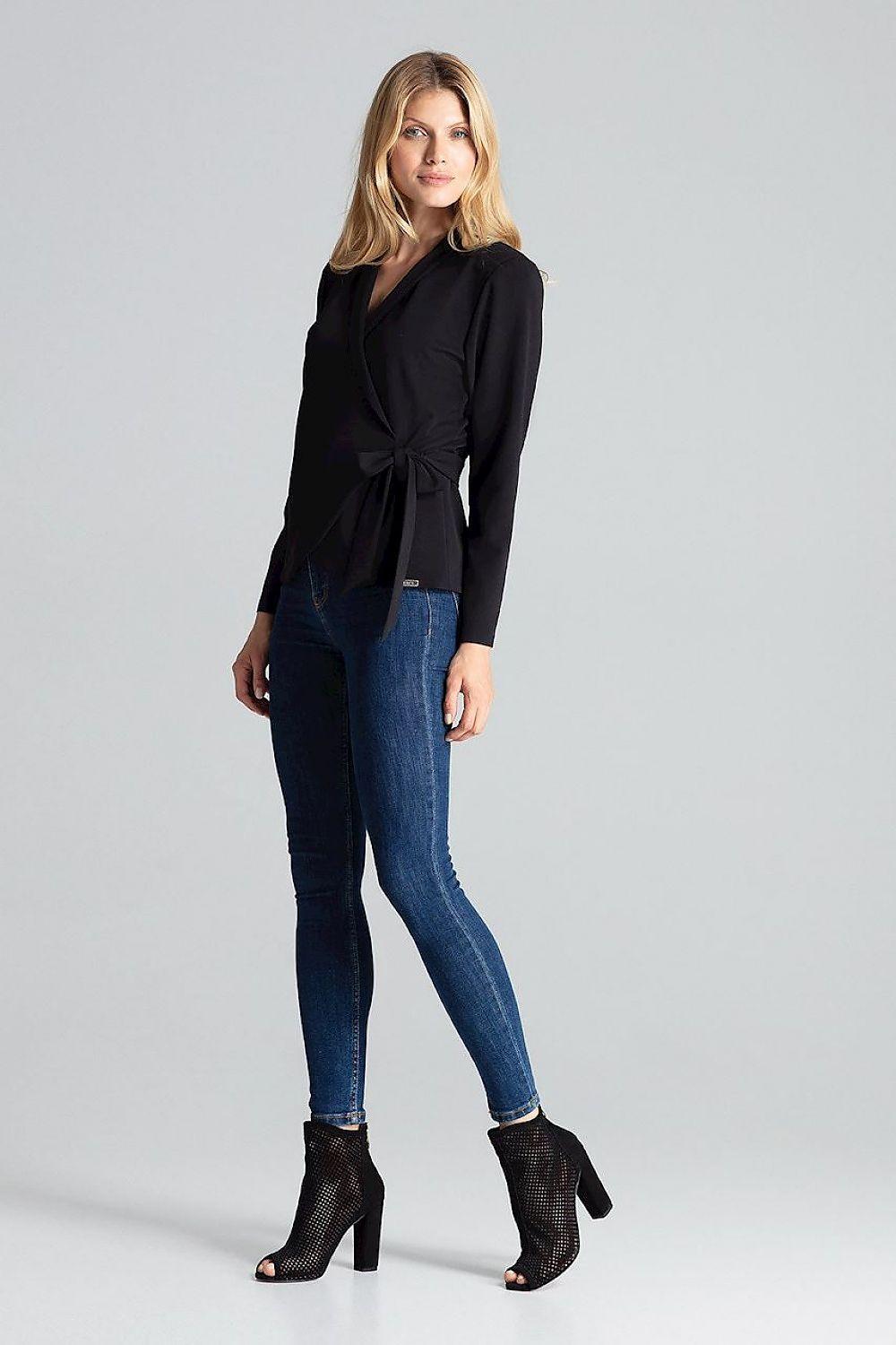 Figl black wrap blouse with V-neck and long sleeves, tied at waist