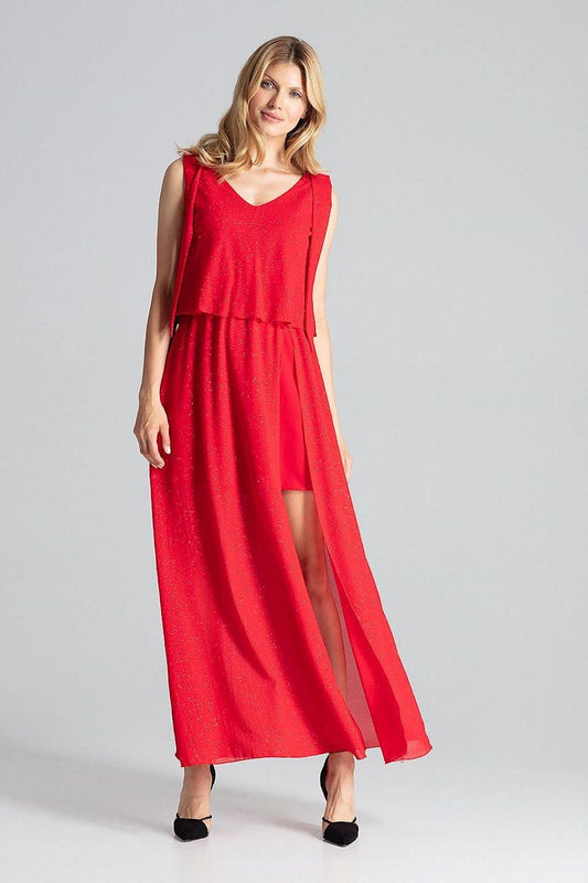Red sleeveless V-neck cocktail dress with draped tiers and side slit