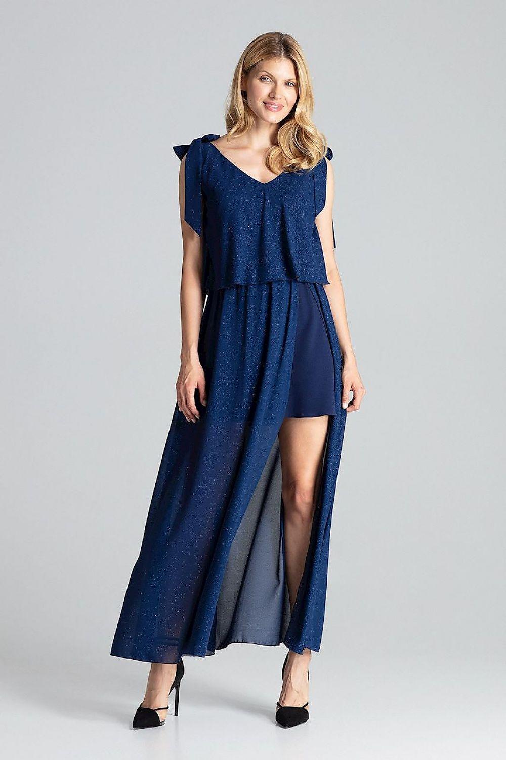 Navy cocktail dress with V-neck, gathered waist, and shoulder bows