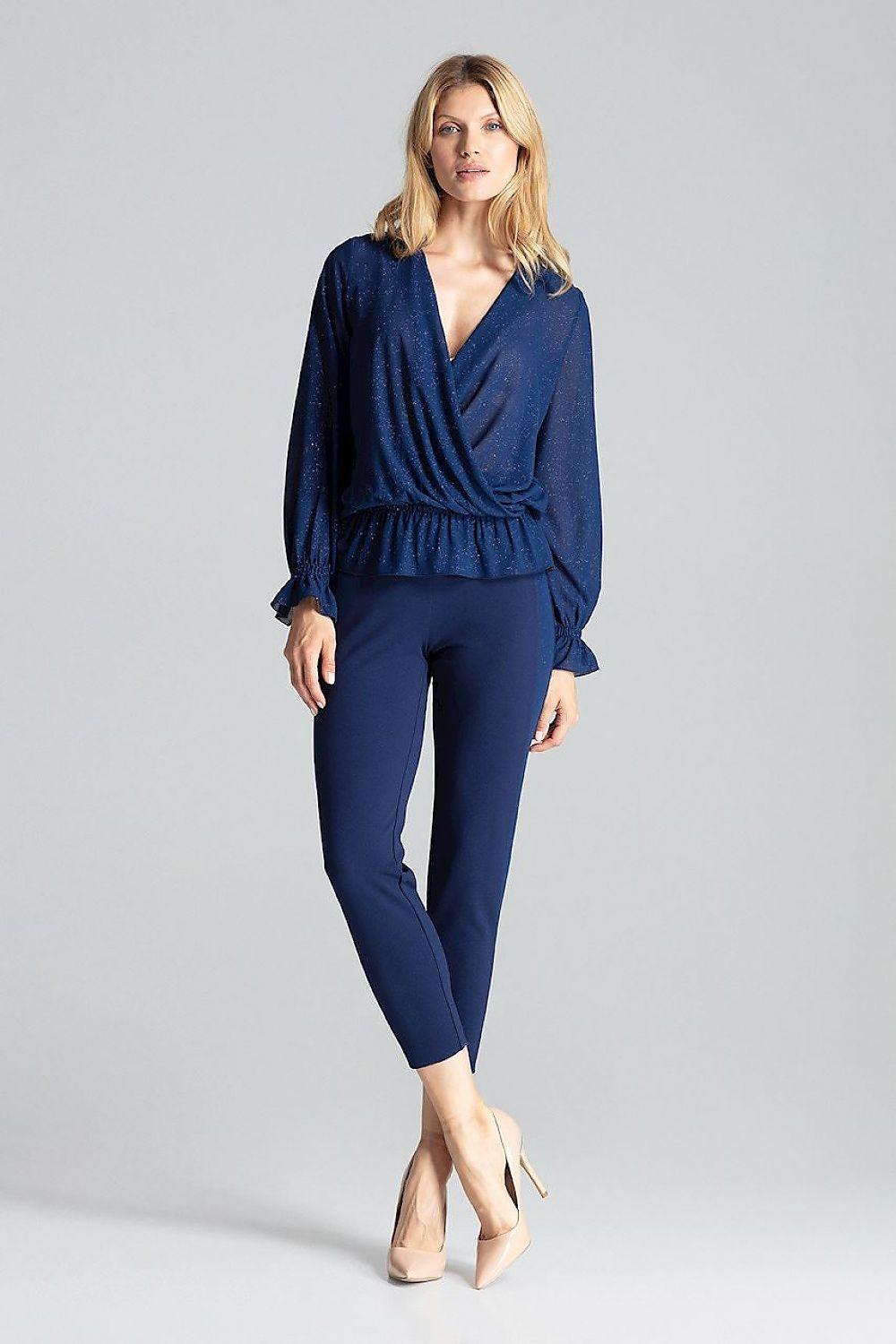 Figl wrap blouse front view with V-neck and elastic waist, long puff sleeves, dark navy