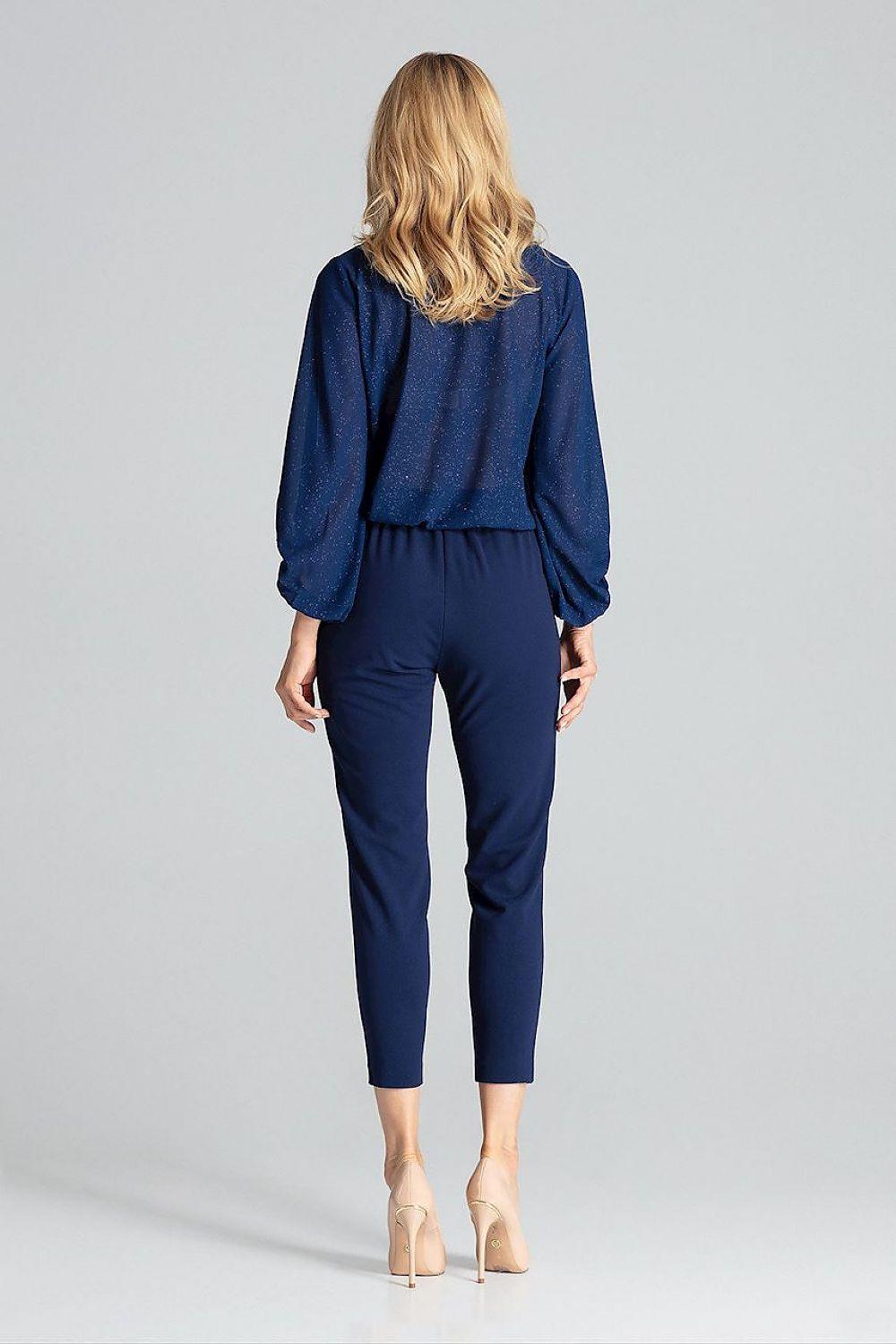 Women trousers in navy blue, back view with elastic waist and tapered ankle-length legs