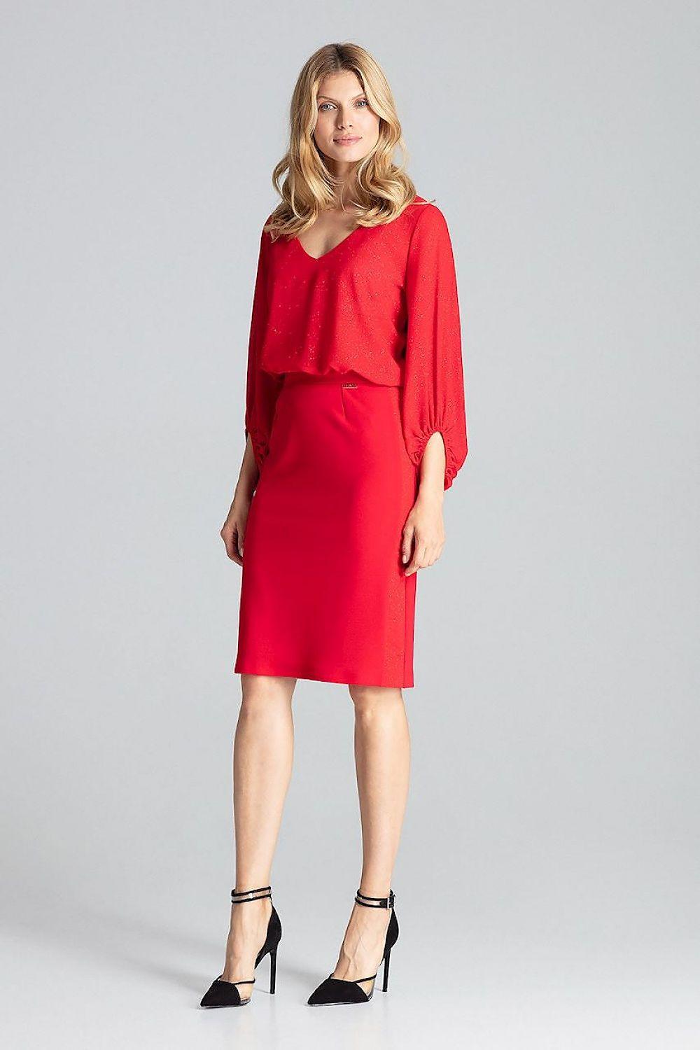 Red midi pencil skirt with straight tailored fit