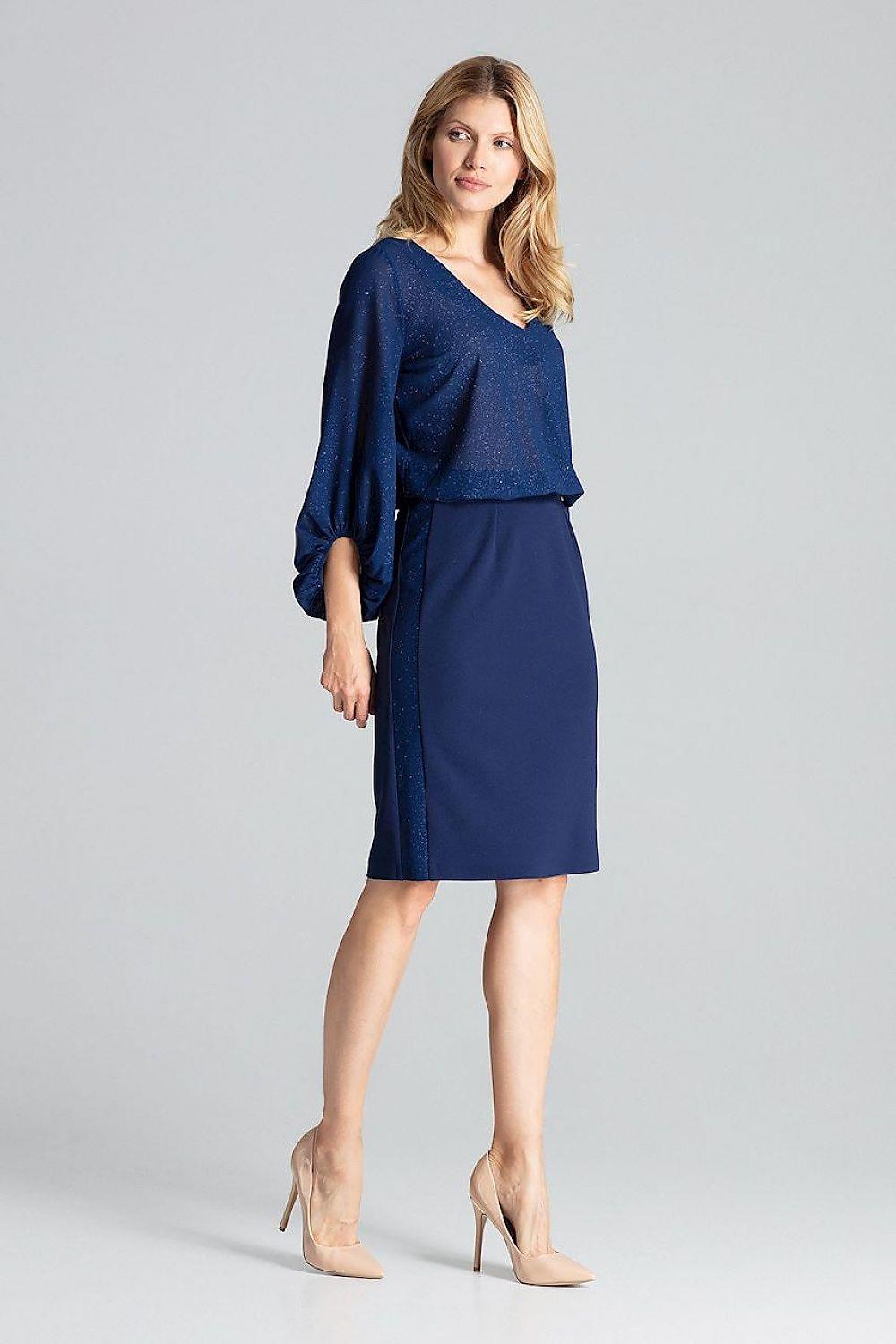 Figl knee-length pencil skirt in navy blue with waist belt detail