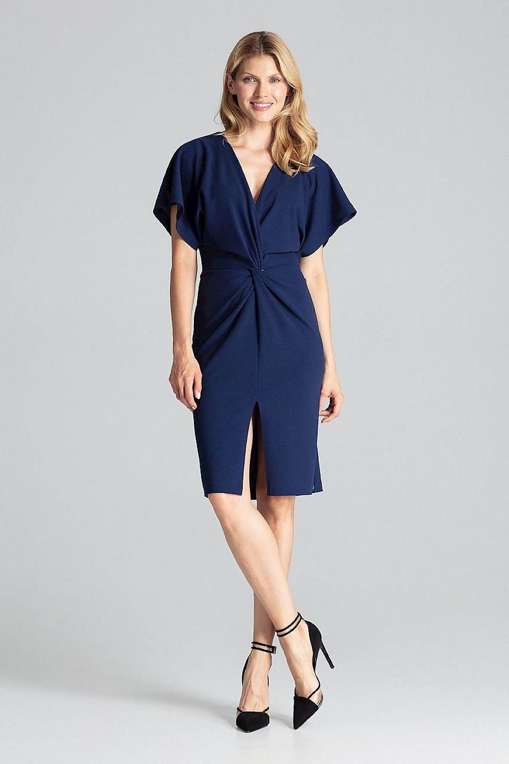 Figl navy daydress with V-neck, short sleeves, knot waist and center slit
