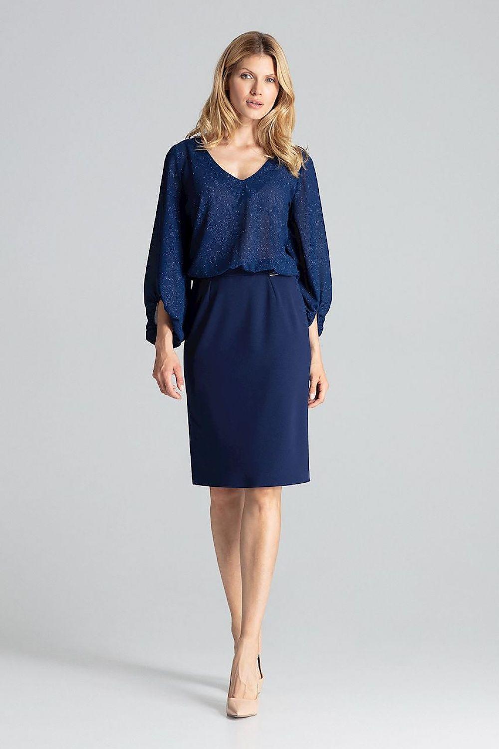 Navy blue shapewear body with V-neck, three-quarter length sleeves
