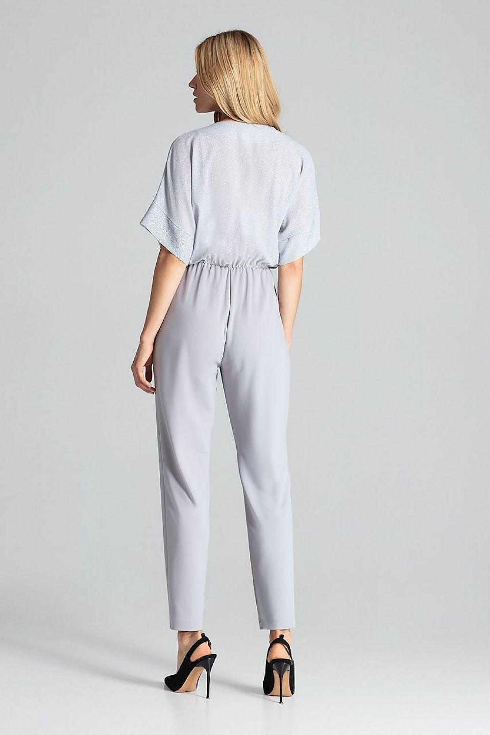 Light grey back-view jumpsuit with short sleeves and elastic waist, tapered legs