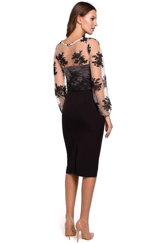 Black fitted midi cocktail dress with sheer floral lace sleeves and lace back yoke