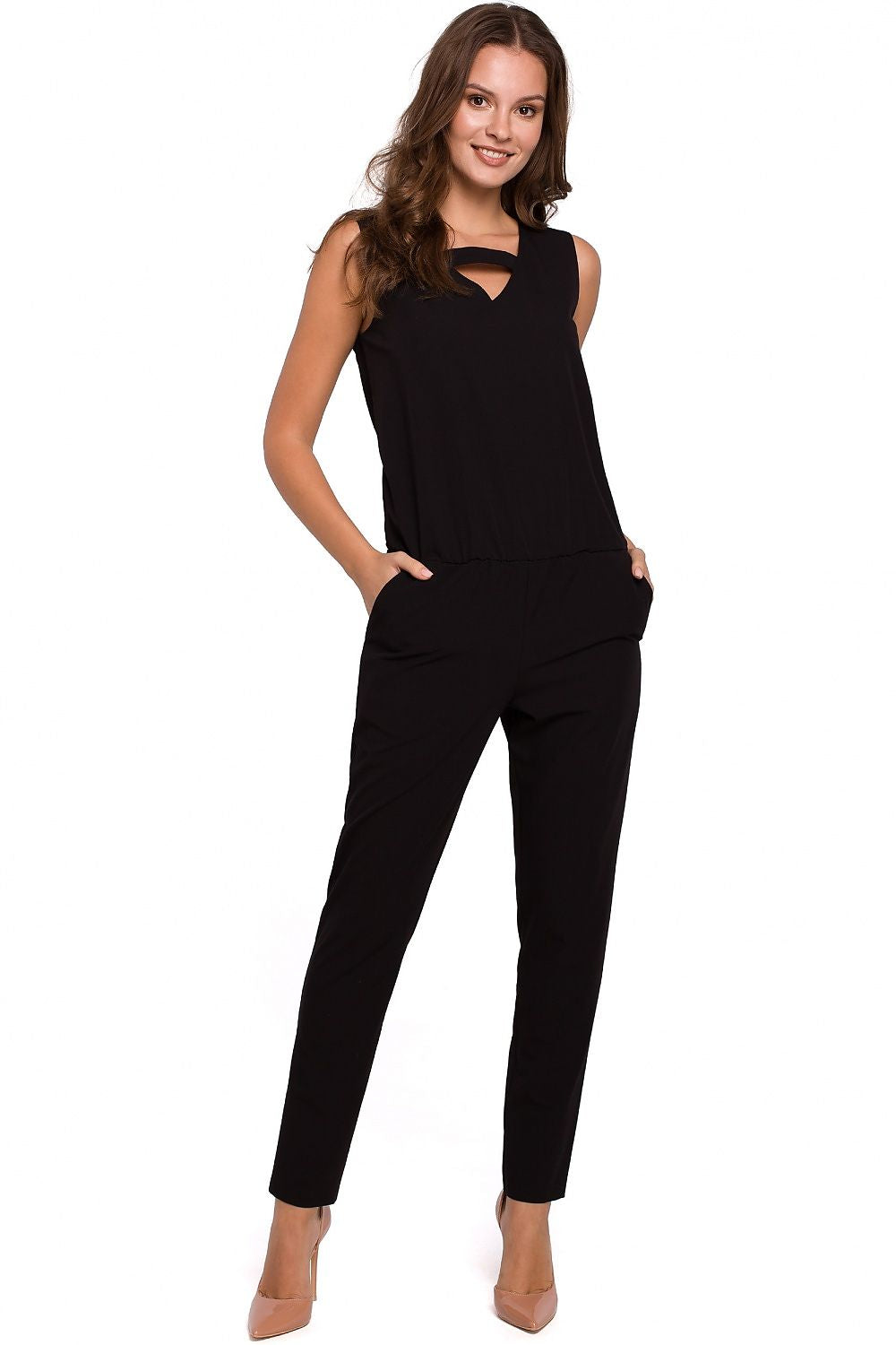 Black sleeveless jumpsuit with modern neckline and tapered legs