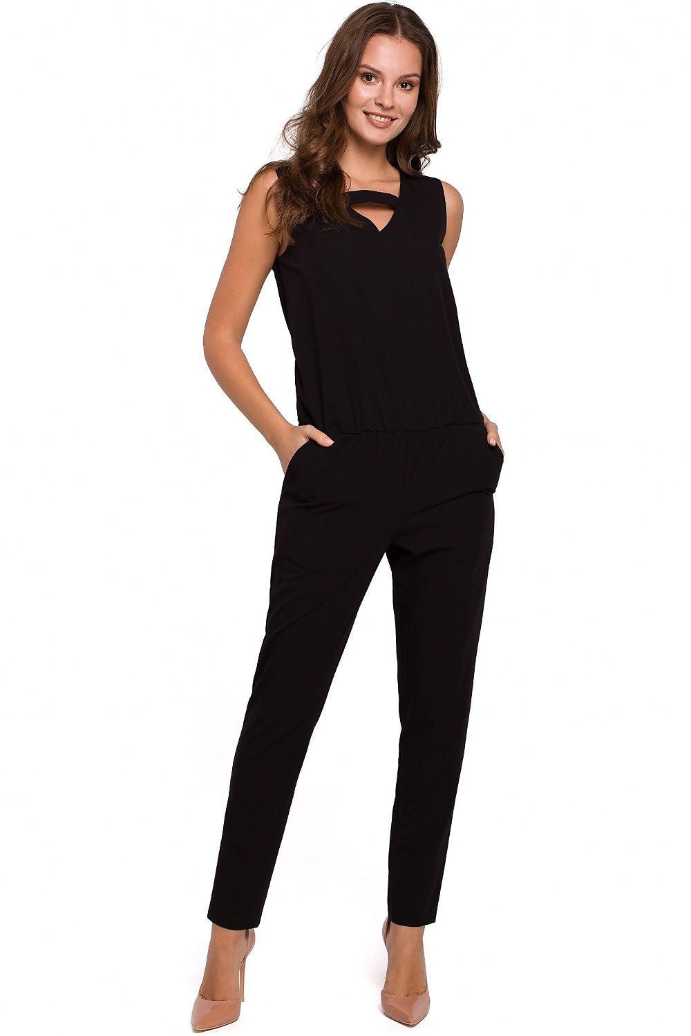 Black sleeveless jumpsuit with modern neckline and relaxed leg fit
