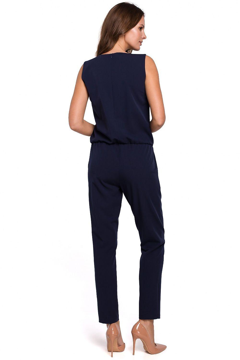 Makover sleeveless jumpsuit, navy back view with waist tie and tapered ankle pants