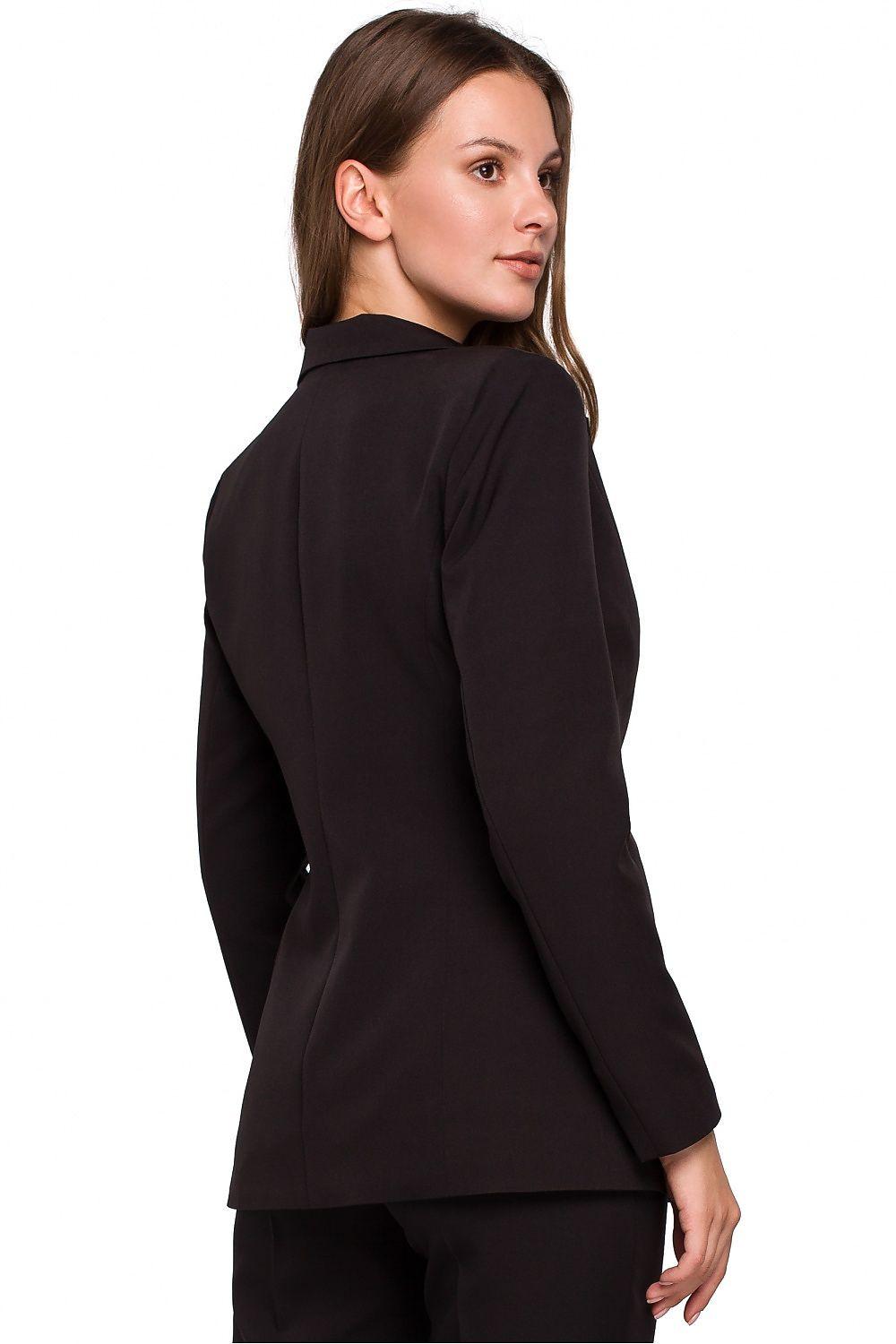 Tailored slim-fit dark jacket, side/back view with notch collar and long sleeves