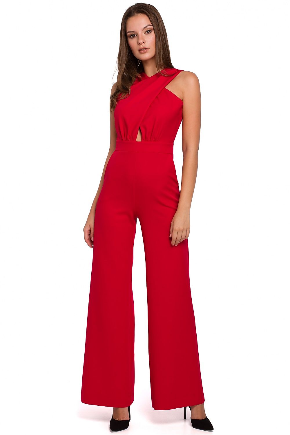 Red sleeveless jumpsuit with cross stripe bodice and wide legs