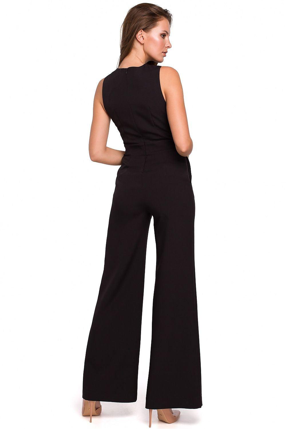 Black sleeveless jumpsuit with wide-leg pants, back view