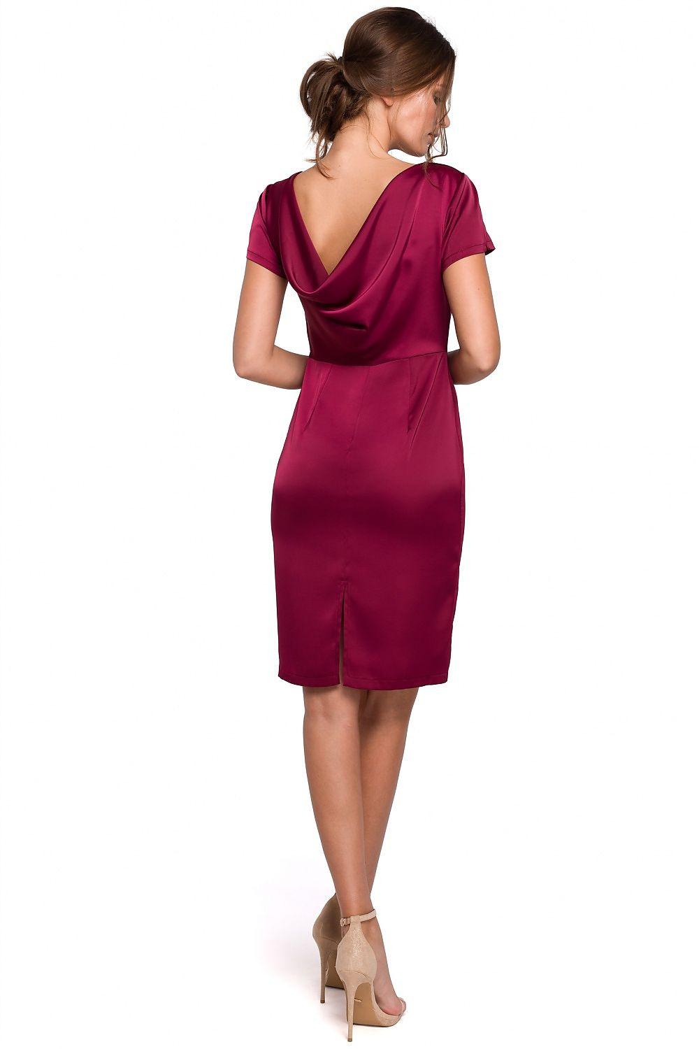 Red cocktail dress back view, short sleeves, fitted pencil silhouette, open draped back
